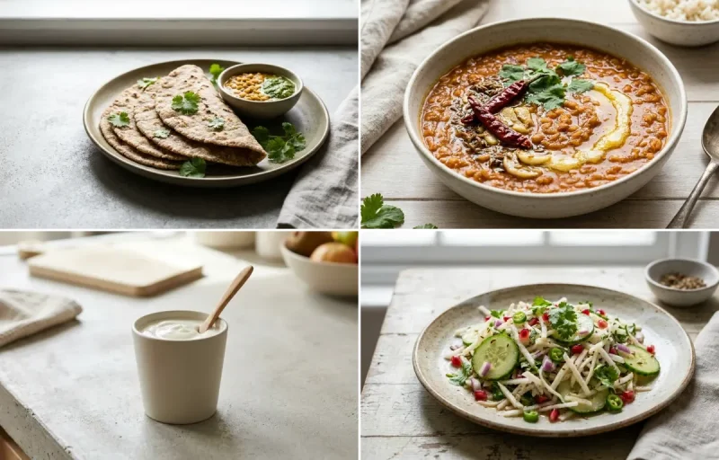 Vegan Jowar Roti with Kadhi, Masoor Dal, Plain Yogurt Cup and Mooli Cucumber Salad