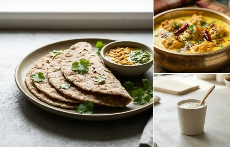 Vegan Jowar Roti with Kadhi Pakora, Vegan Masoor Dal and Plain Yogurt Cup