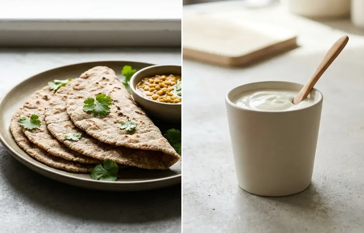 Vegan Jowar Roti with Kadhi, Vegan Masoor Dal, Plain Yogurt Cup and Cucumber Carrot Sticks With Mint Yogurt Dip