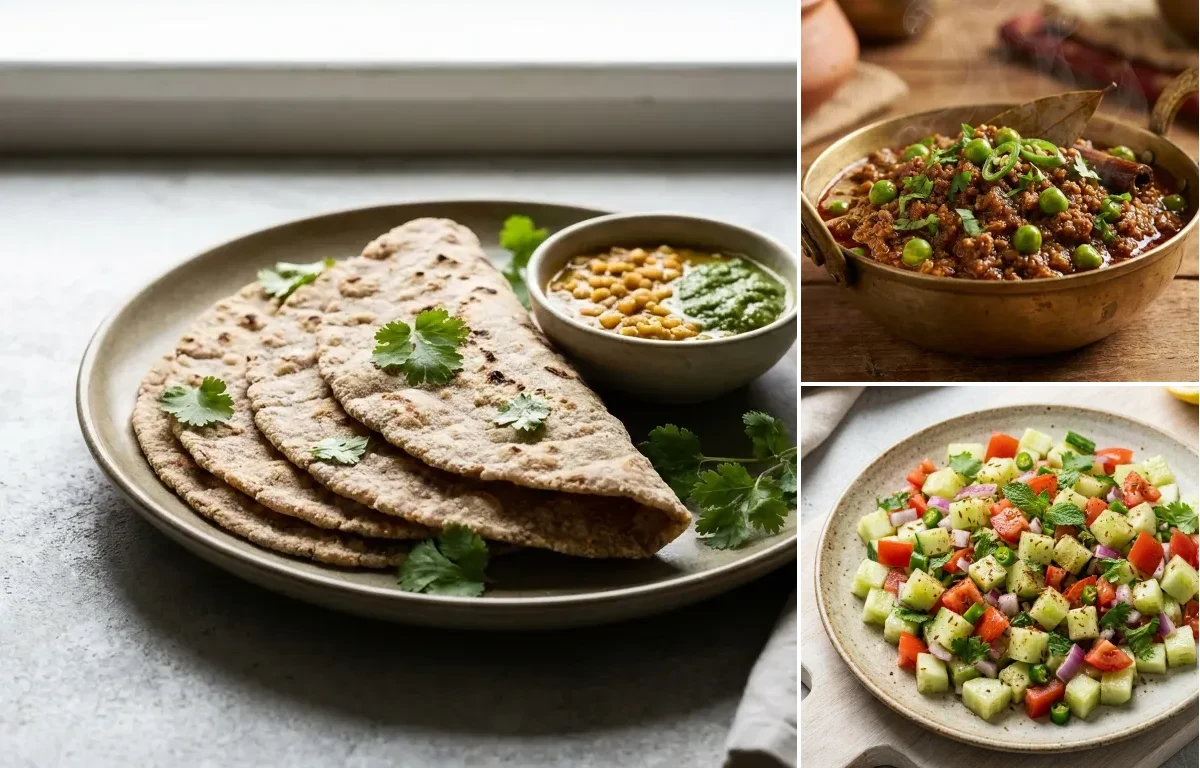 Vegan Jowar Roti with Keema Matar, Onion Raita and No-Salt Lemon Cucumber Kachumber