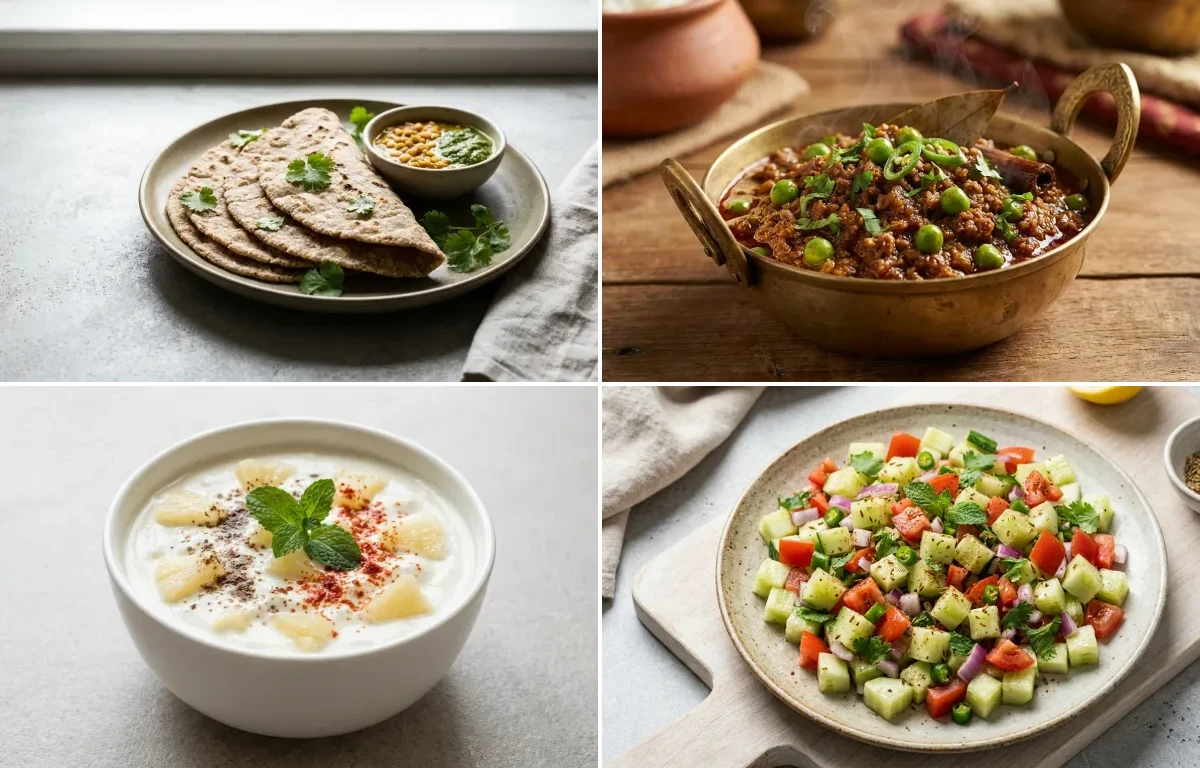 Vegan Jowar Roti with Keema Matar, Pineapple Raita and No-Salt Lemon Cucumber Kachumber