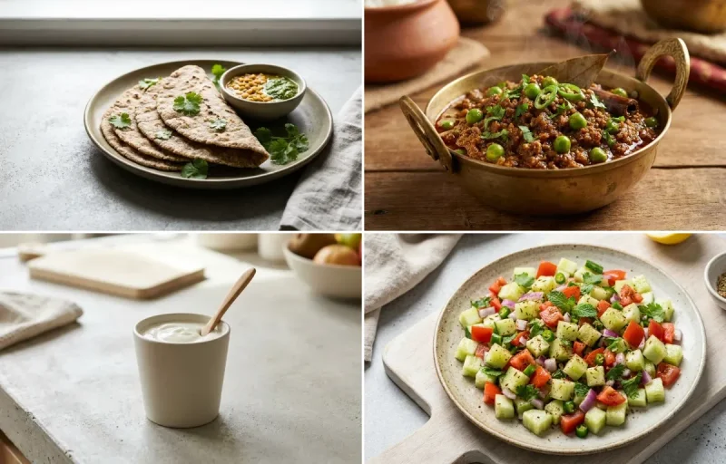 Vegan Jowar Roti with Keema Matar, Plain Yogurt Cup and No-Salt Lemon Cucumber Kachumber