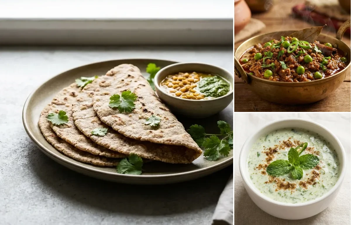 Vegan Jowar Roti with Keema Matar, Urad Dal, Mint Raita and Cucumber Carrot Sticks With Mint Yogurt Dip