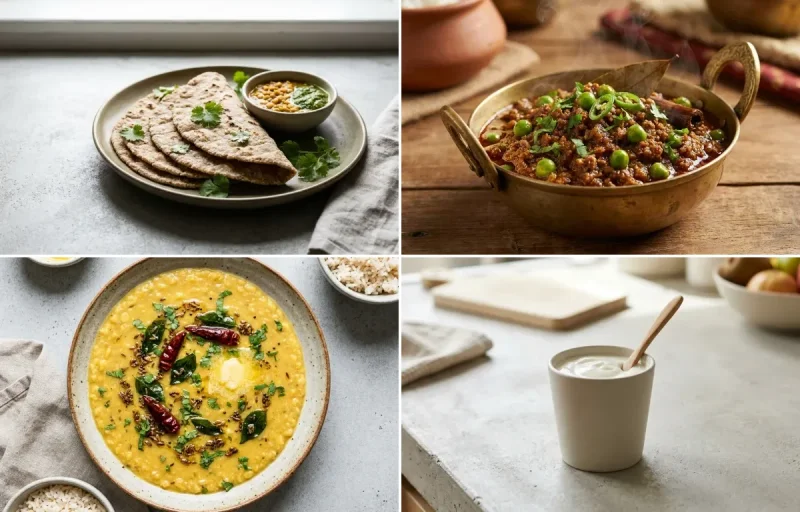 Vegan Jowar Roti with Keema Matar, Vegan Toor Dal, Plain Yogurt Cup and No-Salt Lemon Cucumber Kachumber