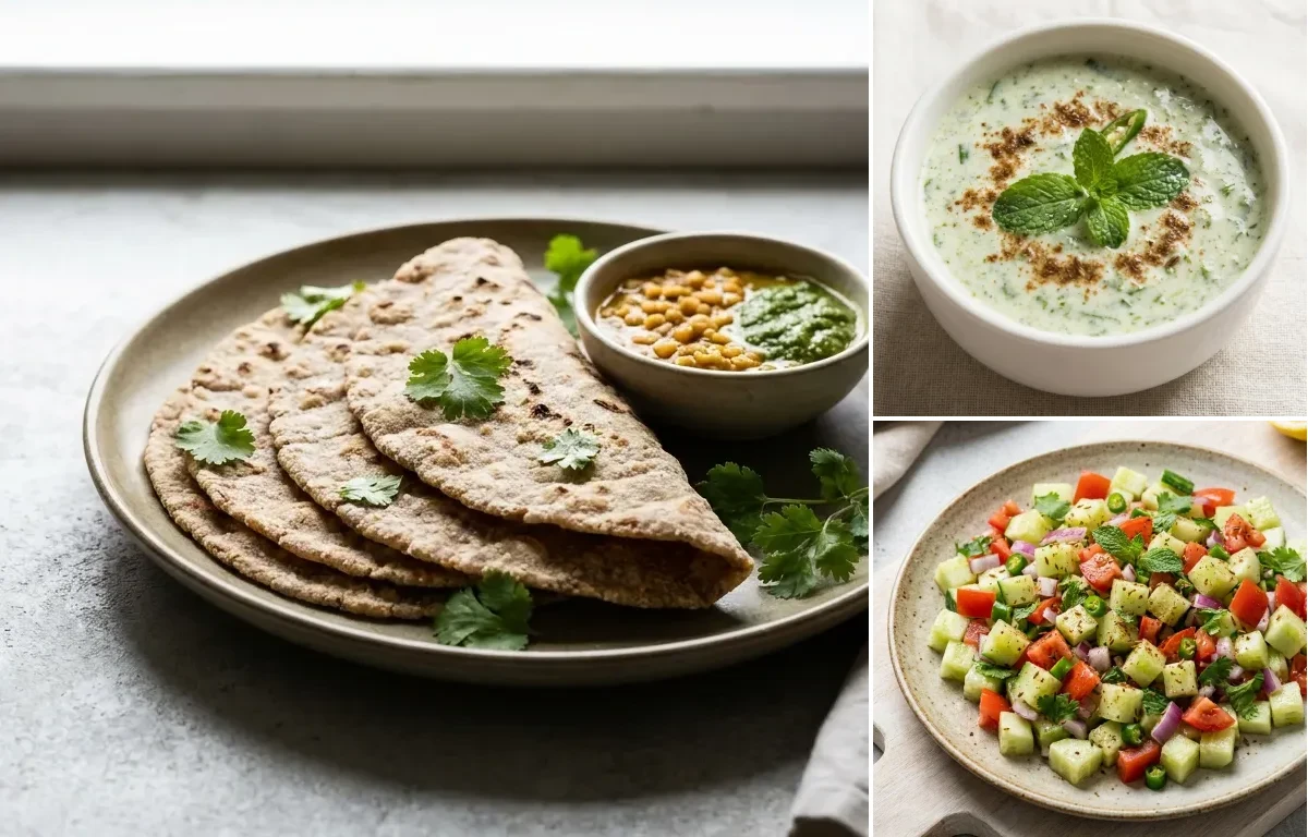 Vegan Jowar Roti with Lamb Curry, Urad Dal, Mint Raita and No-Salt Lemon Cucumber Kachumber