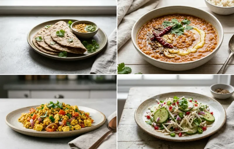 Vegan Jowar Roti with Masoor Dal, Vegan Tofu Bhurji, Plain Yogurt Cup and Mooli Cucumber Salad