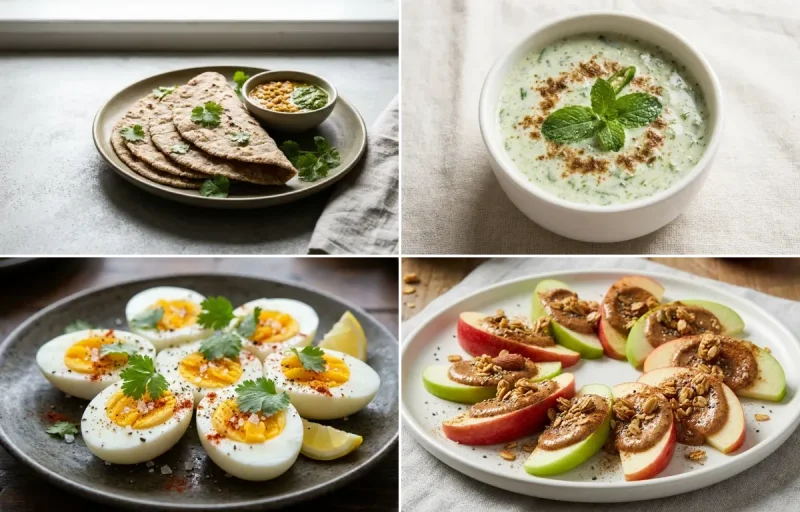 Vegan Jowar Roti with Mint Raita, Boiled Egg, Apple Slices With Almond Butter and Garlic Chutney
