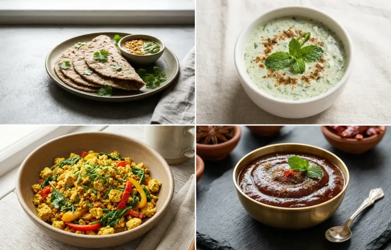 Vegan Jowar Roti with Mint Raita, Tofu Scramble, Yogurt With Fruit and Tamarind Date Chutney