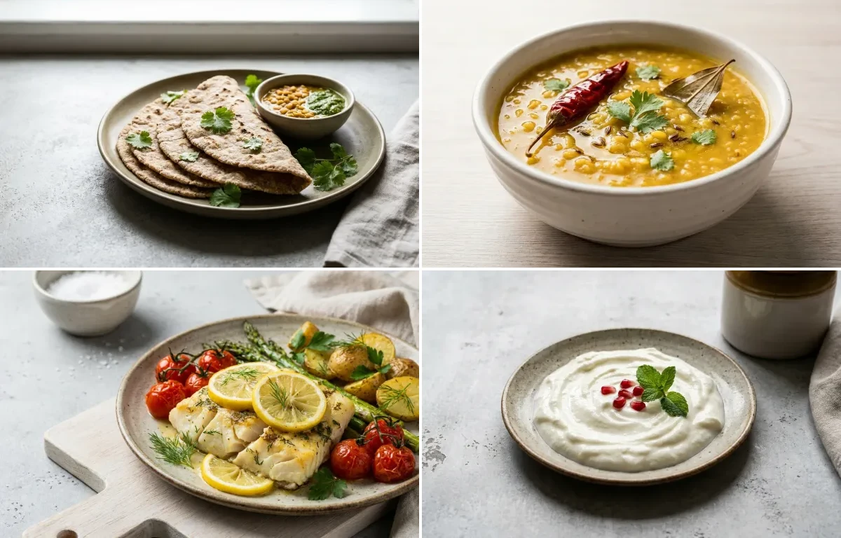 Vegan Jowar Roti with Moong Dal, Baked Cod With Lemon and Plain Curd