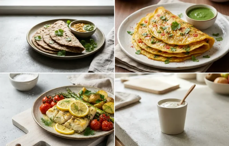 Vegan Jowar Roti with Moong Dal Chilla, Baked Cod With Lemon and Plain Yogurt Cup