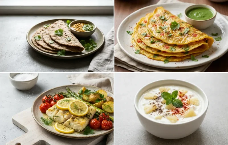 Vegan Jowar Roti with Moong Dal Chilla, Baked Cod With Lemon, Pineapple Raita and Cucumber Carrot Sticks With Mint Yogurt Dip