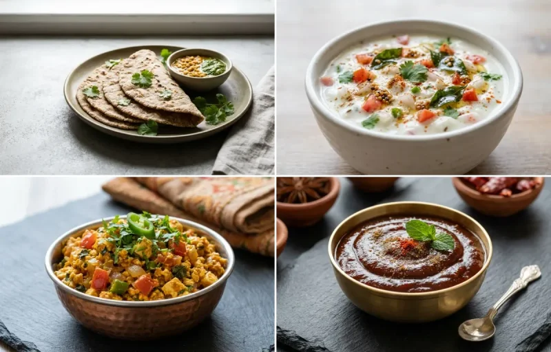 Vegan Jowar Roti with Onion Tomato Raita, Paneer Bhurji and Tamarind Date Chutney