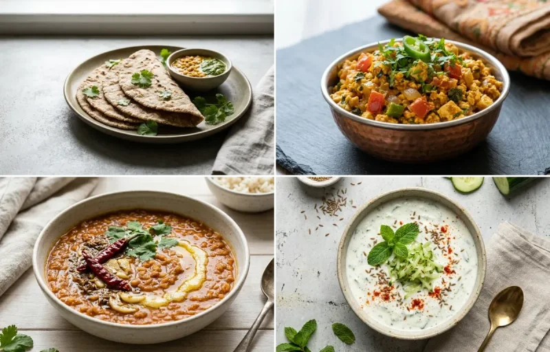 Vegan Jowar Roti with Paneer Bhurji, Masoor Dal, Cucumber Mint Raita and No-Salt Lemon Cucumber Kachumber