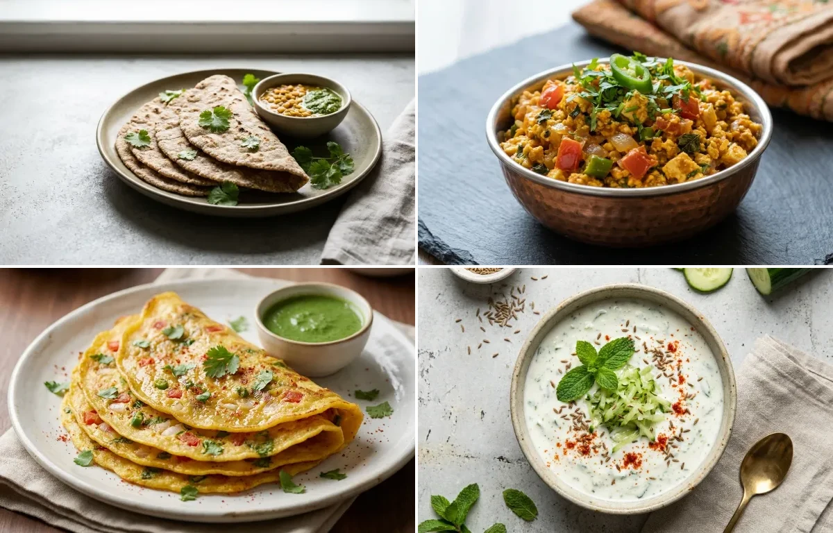 Vegan Jowar Roti with Paneer Bhurji, Moong Dal Chilla, Cucumber Mint Raita and No-Salt Lemon Cucumber Kachumber