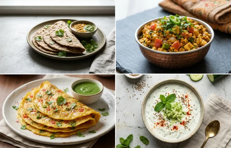 Vegan Jowar Roti with Paneer Bhurji, Moong Dal Chilla, Cucumber Mint Raita and No-Salt Lemon Cucumber Kachumber