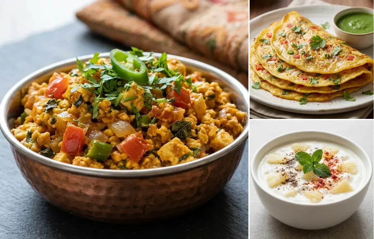 Vegan Jowar Roti with Paneer Bhurji, Moong Dal Chilla, Pineapple Raita and Cucumber Carrot Sticks With Mint Yogurt Dip
