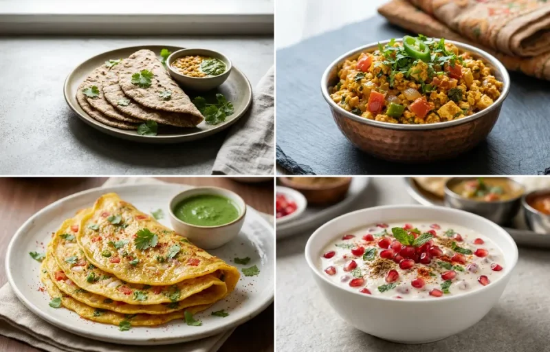 Vegan Jowar Roti with Paneer Bhurji, Moong Dal Chilla, Pomegranate Raita and No-Salt Lemon Cucumber Kachumber
