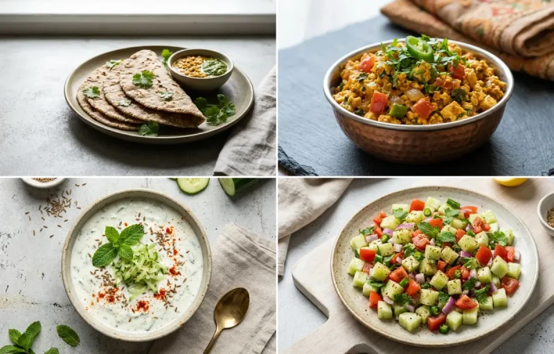 Vegan Jowar Roti with Paneer Bhurji, Palak Dal, Cucumber Mint Raita and No-Salt Lemon Cucumber Kachumber