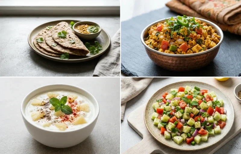 Vegan Jowar Roti with Paneer Bhurji, Vegan Chana Dal, Pineapple Raita and No-Salt Lemon Cucumber Kachumber
