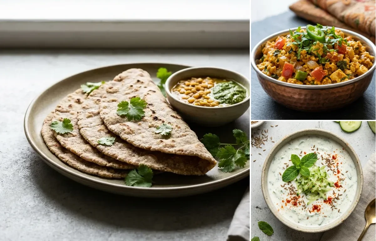 Vegan Jowar Roti with Paneer Bhurji, Vegan Dal Palak, Cucumber Mint Raita and Cucumber Carrot Sticks With Mint Yogurt Dip
