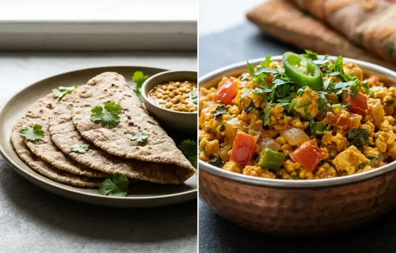 Vegan Jowar Roti with Paneer Bhurji, Vegan Masoor Dal, Onion Raita and Carrot Cucumber Salad