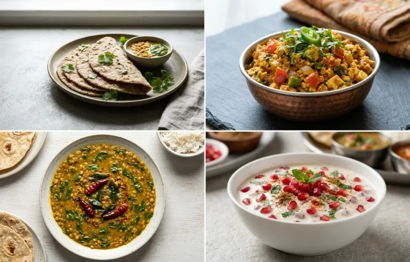 Vegan Jowar Roti with Paneer Bhurji, Vegan Methi Dal, Pomegranate Raita and No-Salt Lemon Cucumber Kachumber