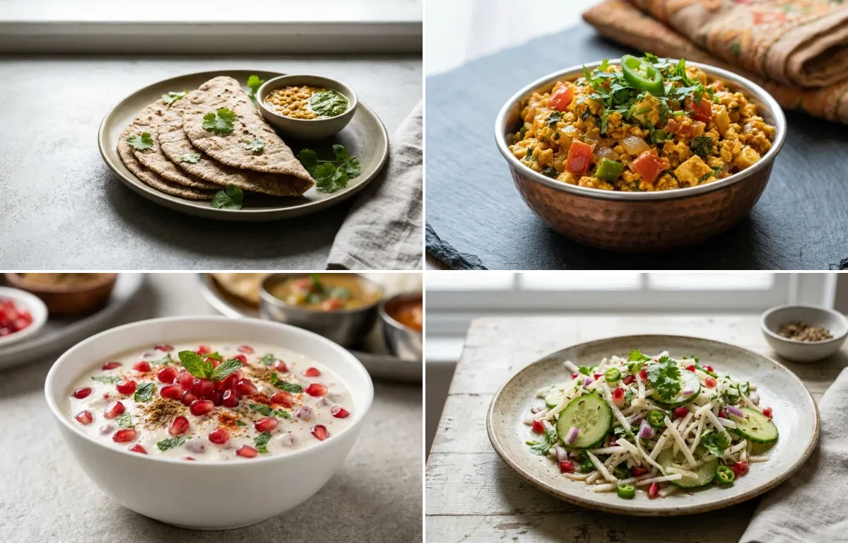 Vegan Jowar Roti with Paneer Bhurji, Vegan Mixed Dal, Pomegranate Raita and Mooli Cucumber Salad