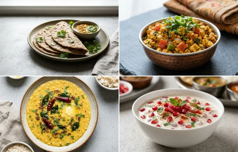 Vegan Jowar Roti with Paneer Bhurji, Vegan Toor Dal, Pomegranate Raita and Mooli Cucumber Salad