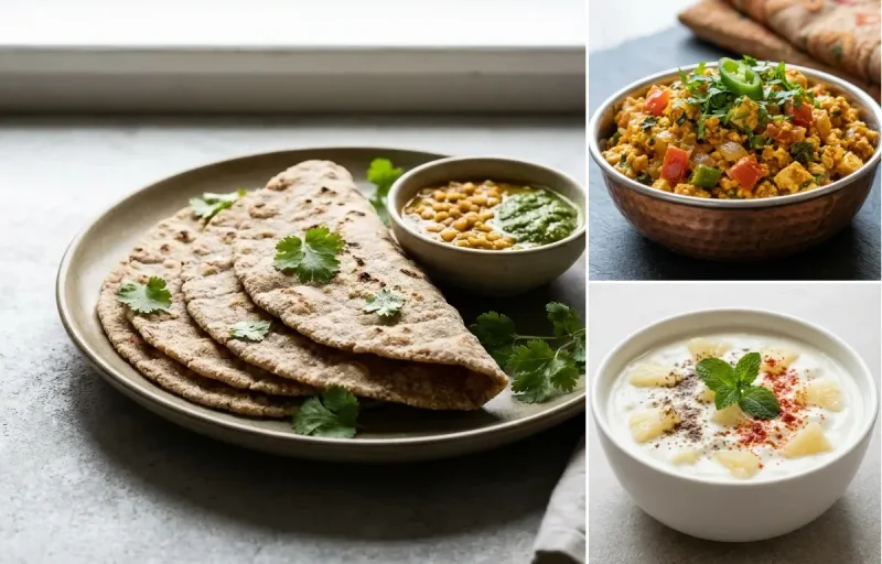 Vegan Jowar Roti with Paneer Bhurji, Yellow Dal Fry, Pineapple Raita and Carrot Cucumber Salad