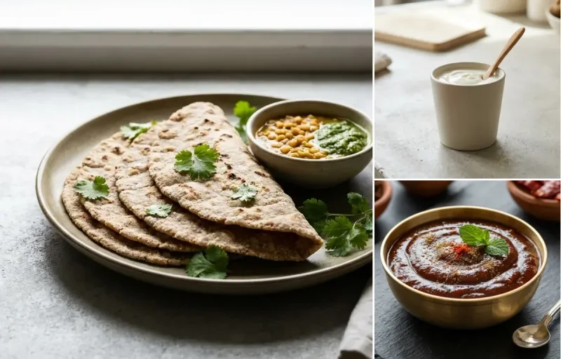 Vegan Jowar Roti with Paneer Stuffed Moong Dal Chilla, Plain Yogurt Cup and Tamarind Date Chutney