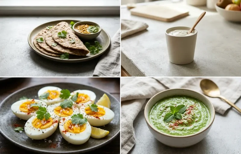 Vegan Jowar Roti with Plain Yogurt Cup, Boiled Egg, Orange Segments and Mint Yogurt Chutney