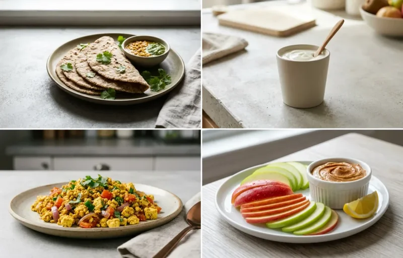 Vegan Jowar Roti with Plain Yogurt Cup, Vegan Tofu Bhurji, Apple Slices With Peanut Butter and Mint Coriander Chutney No-Salt
