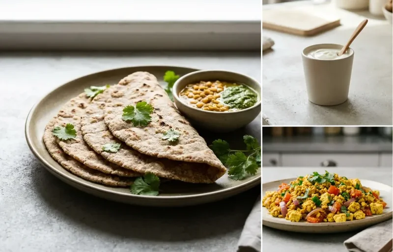 Vegan Jowar Roti with Plain Yogurt Cup, Vegan Tofu Bhurji, Yogurt With Fruit and Mint Coriander Chutney No-Salt