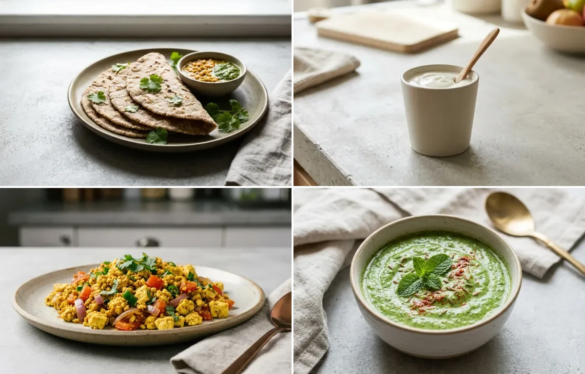 Vegan Jowar Roti with Plain Yogurt Cup, Vegan Tofu Bhurji, Yogurt With Fruit and Mint Yogurt Chutney
