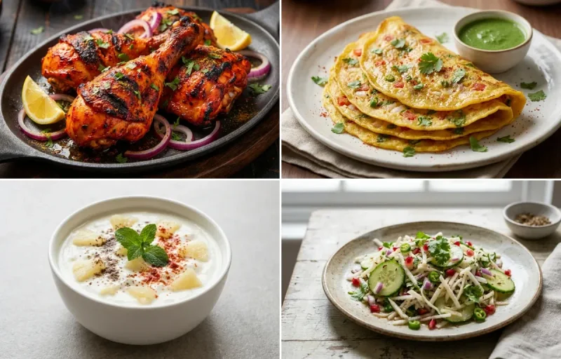 Vegan Jowar Roti with Tandoori Chicken, Moong Dal Chilla, Pineapple Raita and Mooli Cucumber Salad