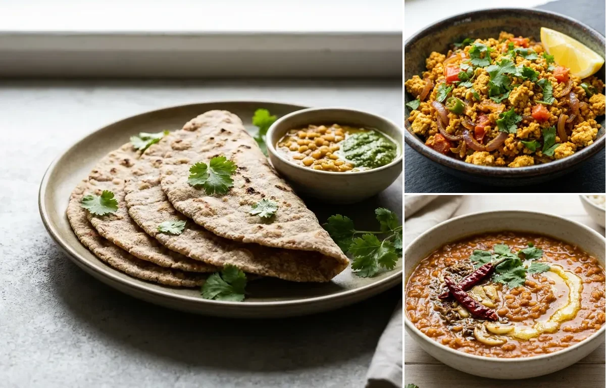 Vegan Jowar Roti with Tofu Bhurji, Masoor Dal and Plain Yogurt Cup