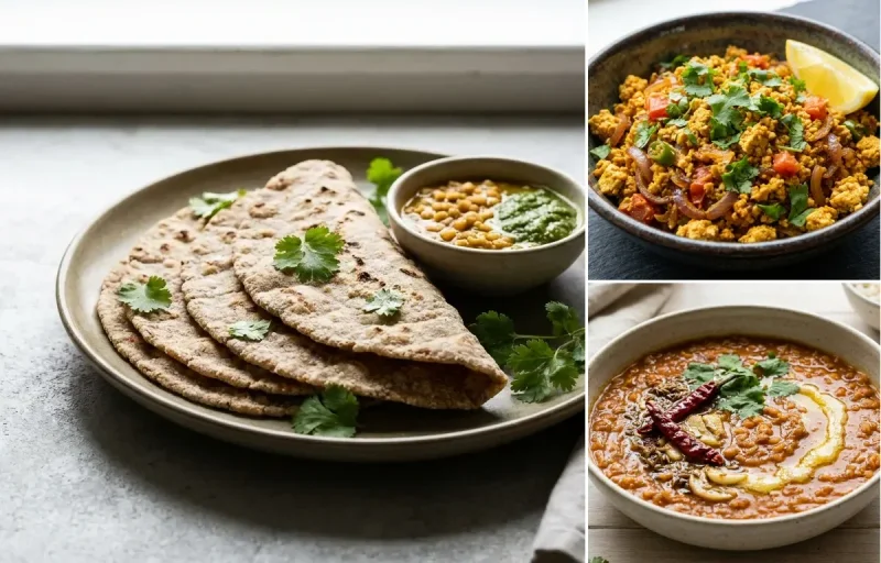 Vegan Jowar Roti with Tofu Bhurji, Masoor Dal and Plain Yogurt Cup