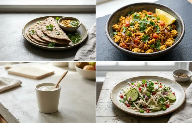 Vegan Jowar Roti with Tofu Bhurji, Vegan Masoor Dal, Plain Yogurt Cup and Mooli Cucumber Salad