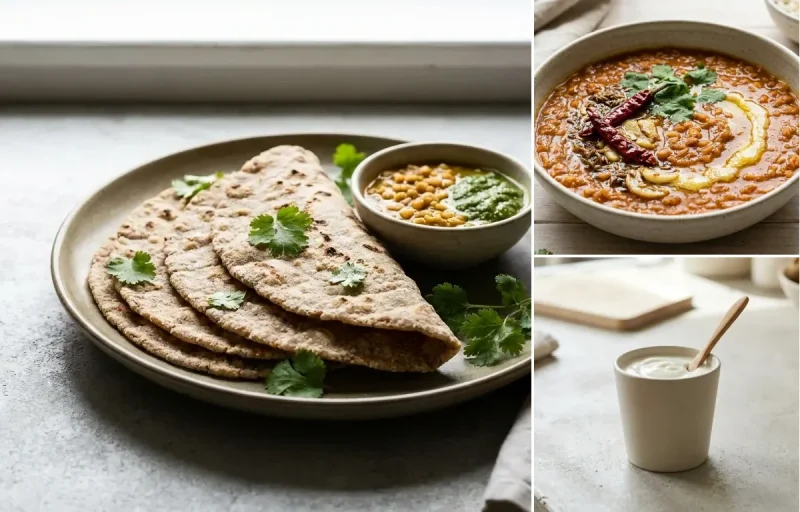 Vegan Jowar Roti with Tofu Cubes Light Saute, Masoor Dal, Plain Yogurt Cup and Cucumber Carrot Sticks With Mint Yogurt Dip