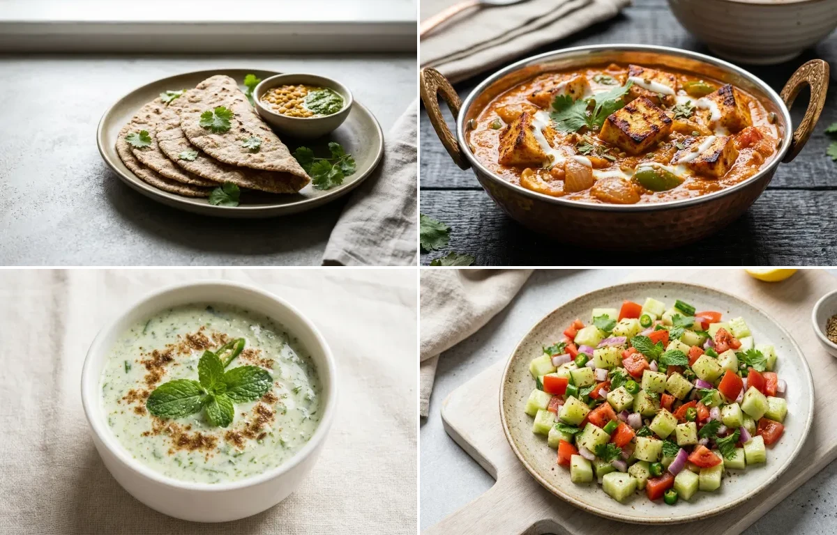 Vegan Jowar Roti with Tofu Tikka Masala, Vegan Masoor Dal, Mint Raita and No-Salt Lemon Cucumber Kachumber