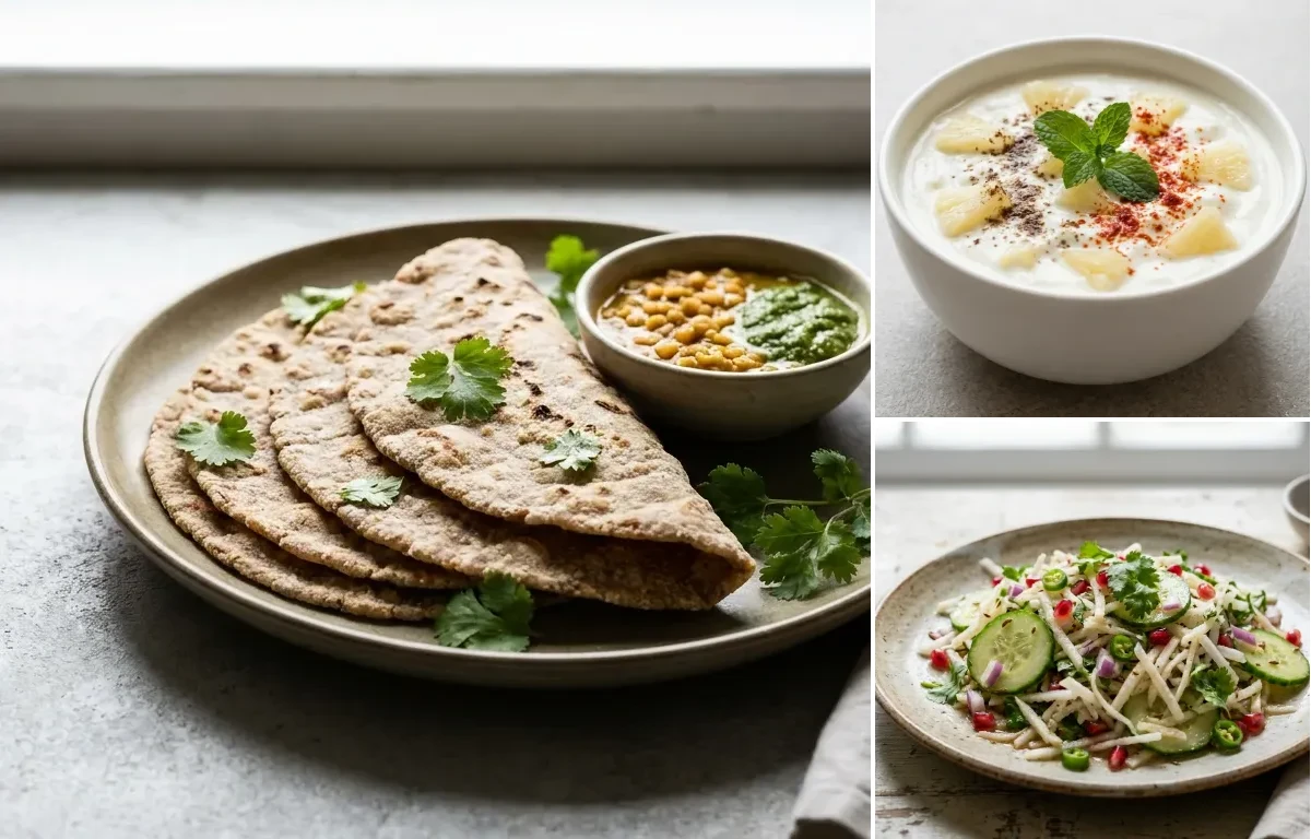 Vegan Jowar Roti with Vegan Dal Palak, Egg Bhurji Main, Pineapple Raita and Mooli Cucumber Salad