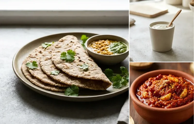 Vegan Jowar Roti with Vegan Mixed Dal, Plain Yogurt Cup and Garlic Chutney