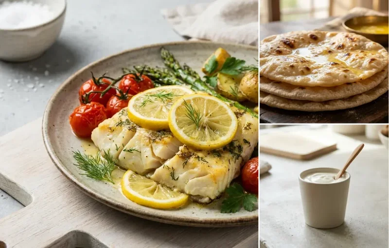 Vegan Kadhi with Baked Cod With Lemon, Chapati and Plain Yogurt Cup