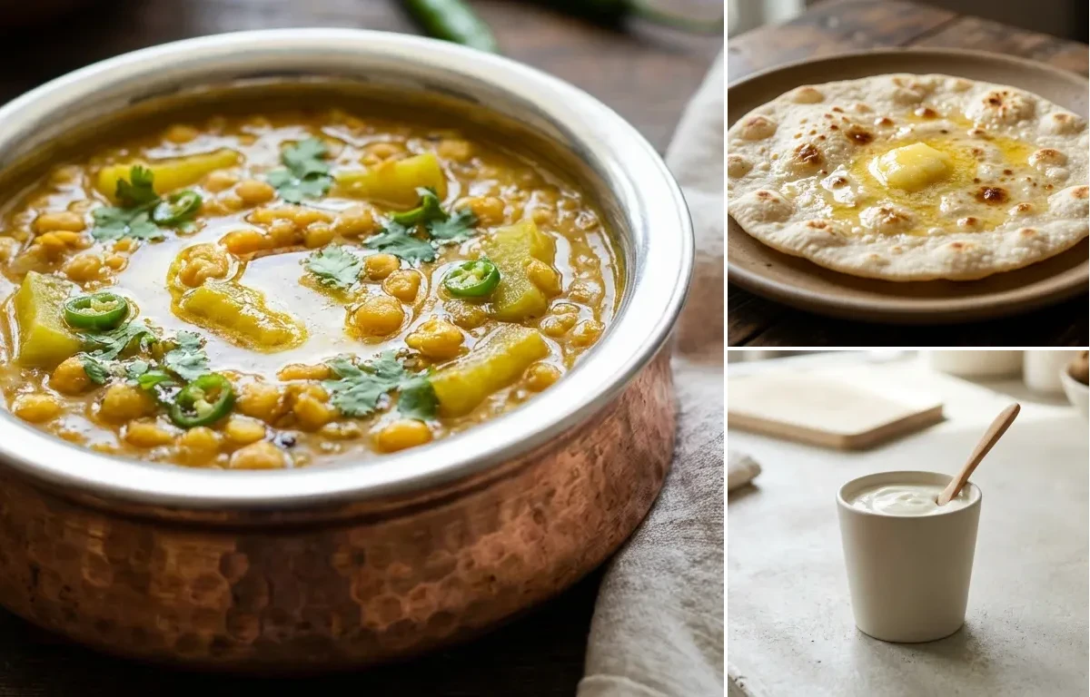 Vegan Kadhi with Lauki Chana Dal, Jowar Roti and Plain Yogurt Cup