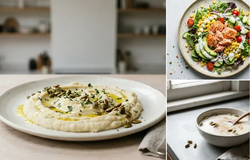 Vegan Low-Ox Cauliflower Cannellini Mash with Salmon Salad and Milk With Cardamom