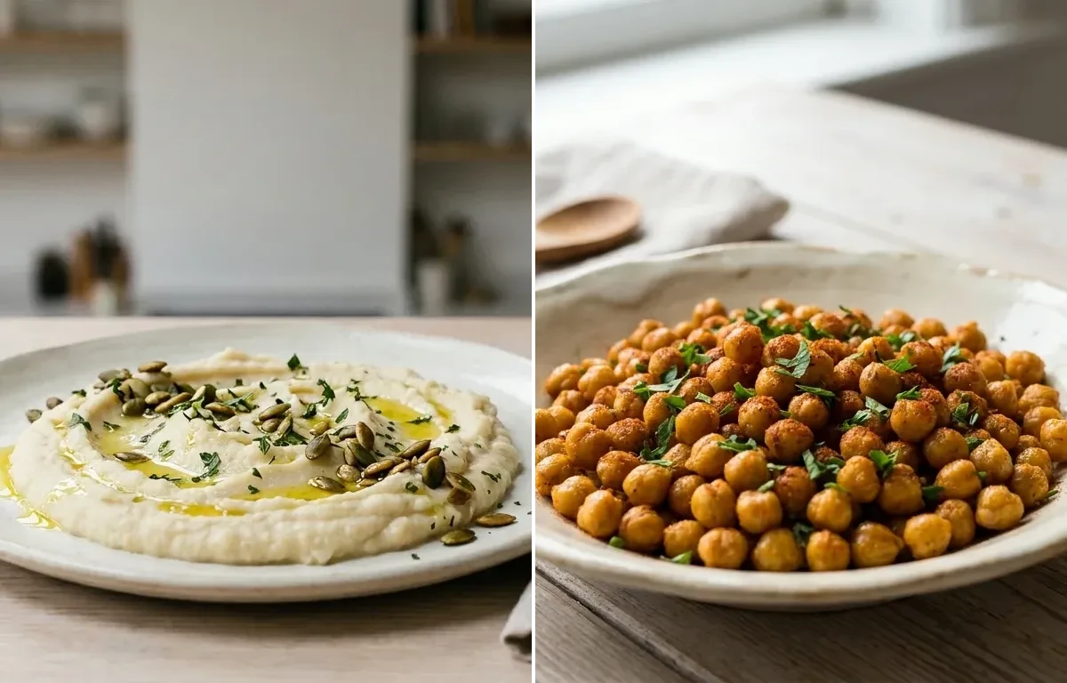 Vegan Low-Ox Cauliflower Cannellini Mash with Tomato Cucumber Salad and Roasted Spiced Chickpeas