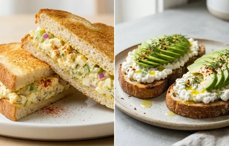 Vegan Low-Ox Lentil Soup with Egg Salad Sandwich and Avocado Cottage Cheese Toast