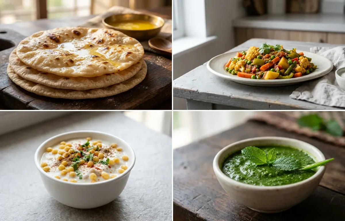 Vegan Masoor Dal with Chapati, Mixed Vegetable Sabzi, Boondi Raita and Mint Chutney