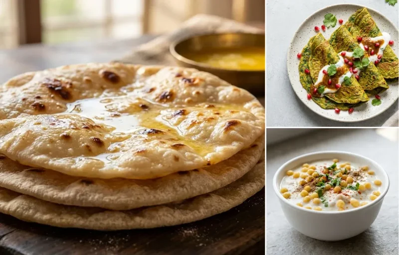 Vegan Masoor Dal with Chapati, Palak Chilla, Boondi Raita and Mint Coriander Chutney No-Salt