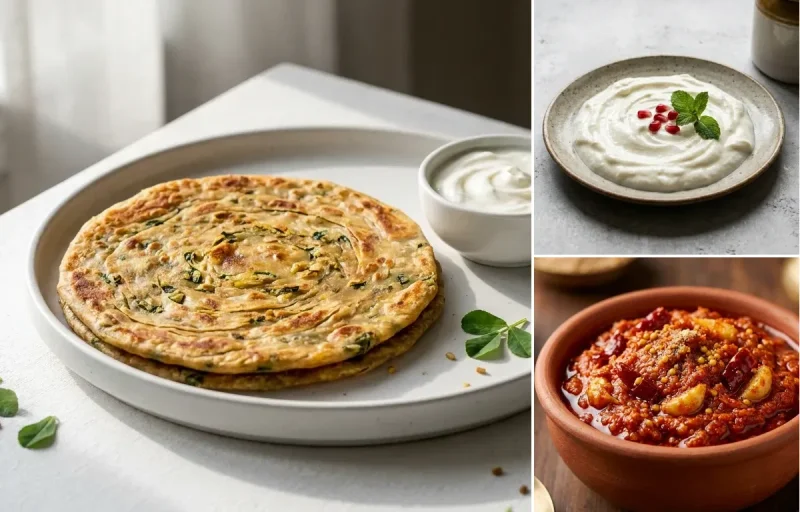 Vegan Masoor Dal with Methi Paratha, Dal Palak, Plain Curd and Garlic Chutney